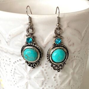 Turquoise Drop Earrings Antique Silver Filigree Crystal Southwestern Bohemian